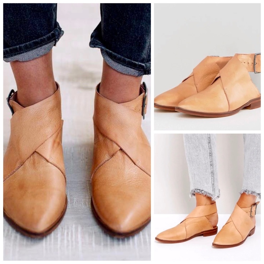 FREE PEOPLE 41 Bryce Taupe Tan Ankle Wrap Mule Pointed Toe Leather Flats 10 9.5